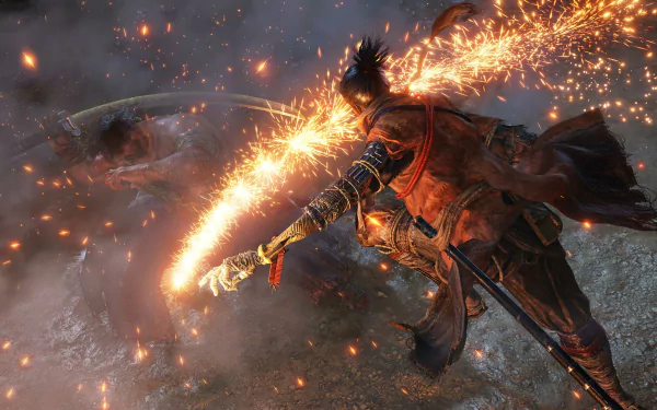 HD desktop wallpaper of Sekiro: Shadows Die Twice featuring a dramatic sword fight with sparks flying, capturing intense action and detailed visuals.