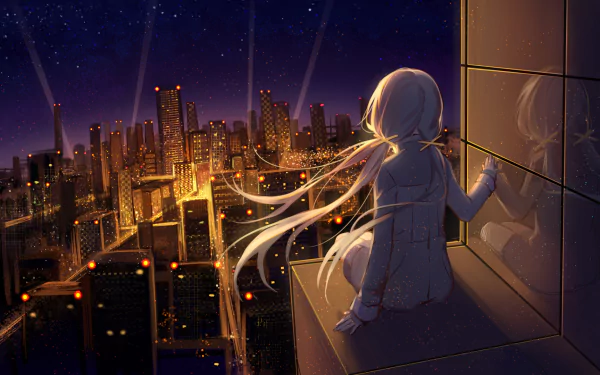 HD anime desktop wallpaper featuring Stardust from Vocaloid gazing over a glowing cityscape at night, with her long hair flowing in the breeze.
