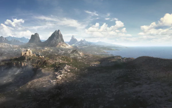 HD PC desktop wallpaper featuring a vast, detailed landscape from The Elder Scrolls VI video game, showcasing mountains, a coastline, and a distant settlement under a cloudy sky.