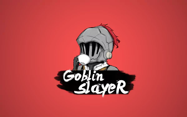 HD anime desktop wallpaper of Goblin Slayer featuring the titular character in a metal helmet with a red background. The show's title is prominently displayed in bold white text.