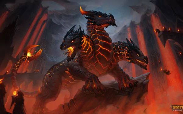 4K Ultra HD PC wallpaper featuring Cerberus from the video game Smite, depicted as a fiery three-headed hellhound amidst volcanic surroundings.