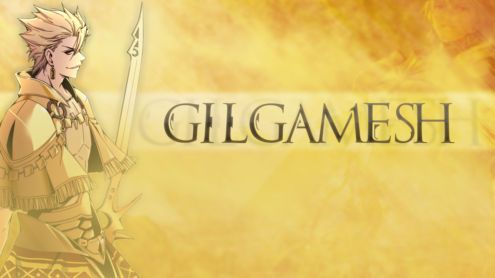 HD PC desktop wallpaper featuring Gilgamesh from the Fate Series anime Fate/Stay Night with a golden background and bold text.