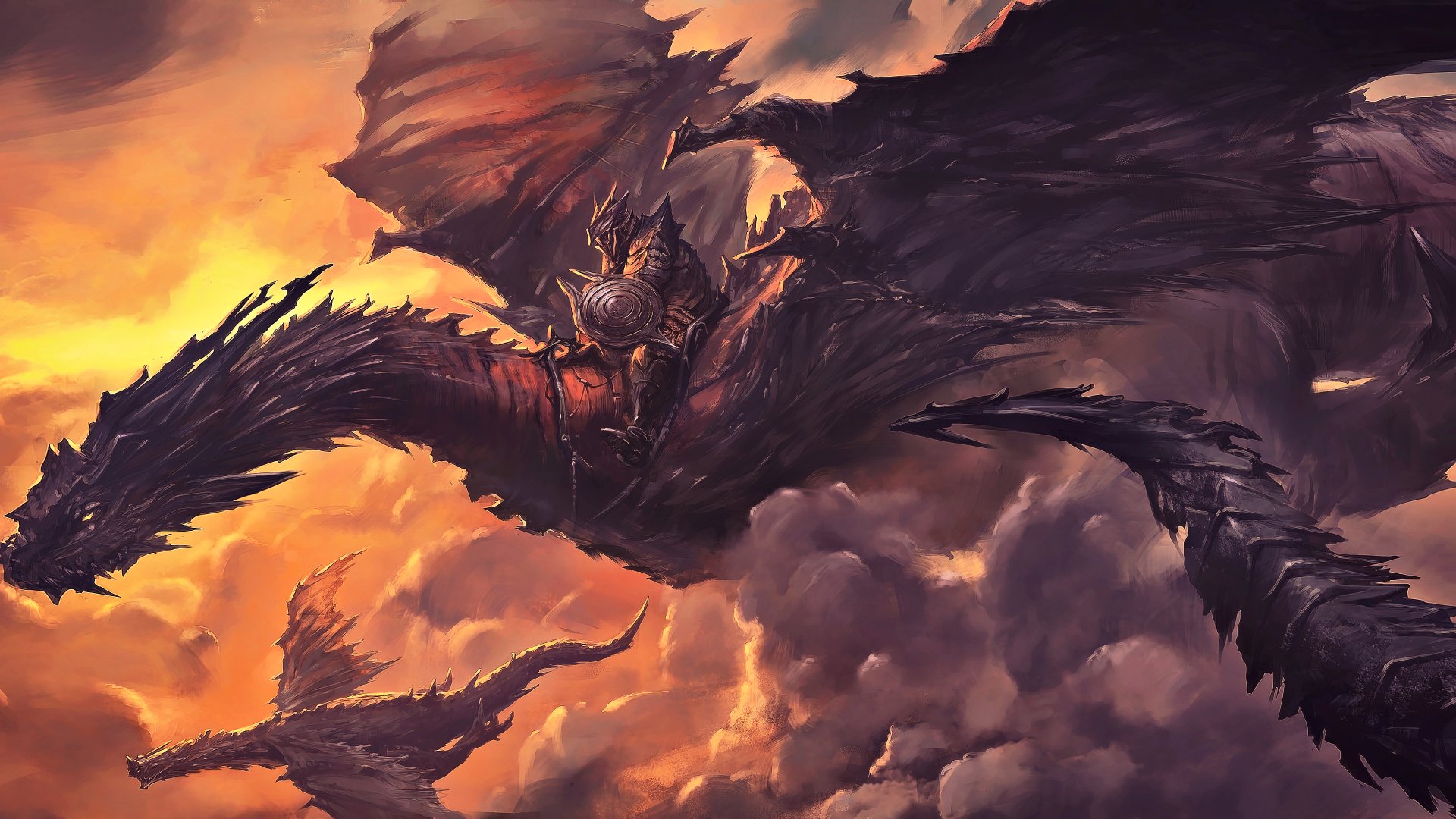 A fierce dragon soars through fiery clouds, rendered in rich detail for a 4K Ultra HD fantasy PC desktop wallpaper.
