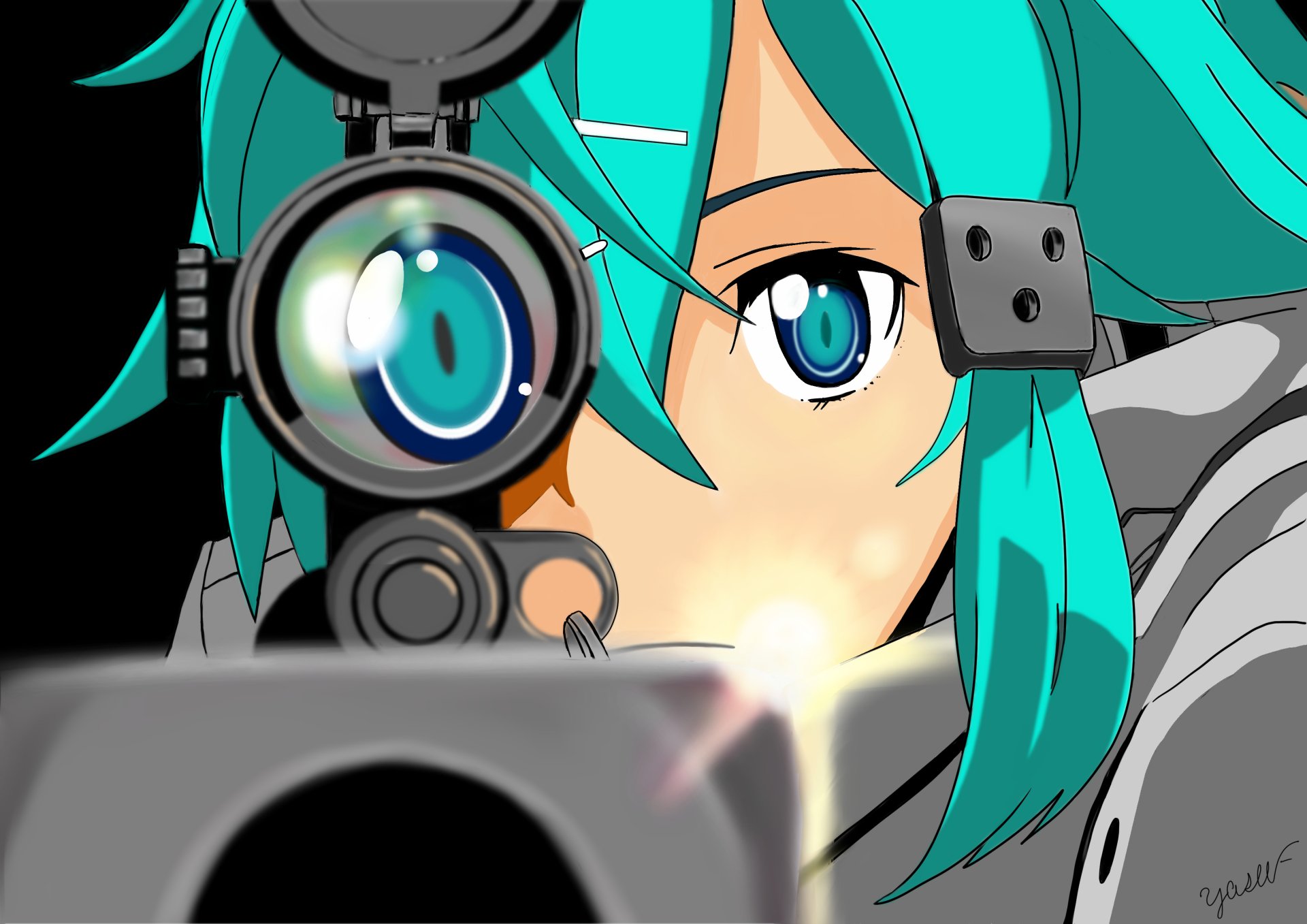HD PC desktop wallpaper featuring Shino Asada from the anime Sword Art Online II aiming through a sniper rifle scope with vibrant blue hair and focused expression.