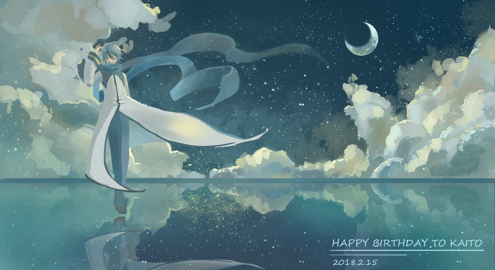 4K Ultra HD PC wallpaper of Kaito (Vocaloid) standing on a mirror-like sea under a starry sky and crescent moon, his scarf flowing amid softly reflected clouds.