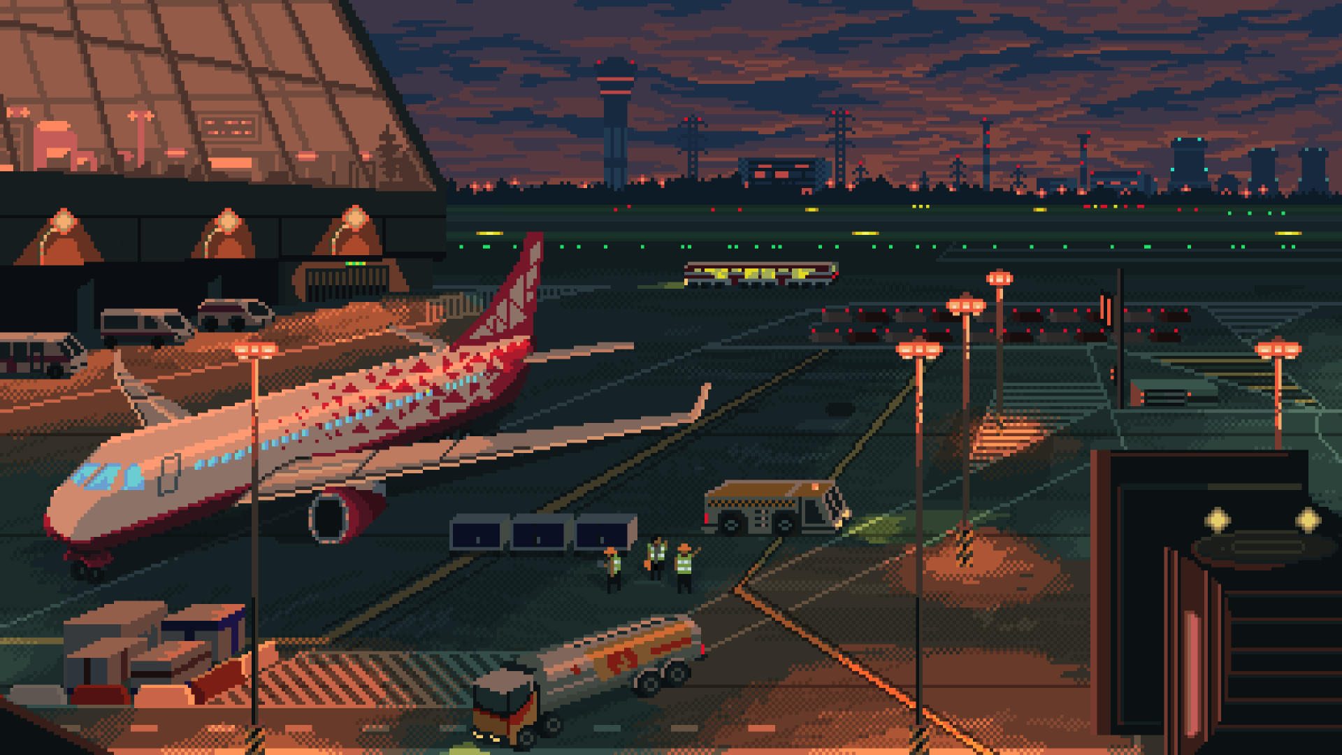 Pixel art HD wallpaper of an airport at dusk showcasing an aircraft on the tarmac with service vehicles and a terminal building. The background features control towers and city lights under a darkening sky.