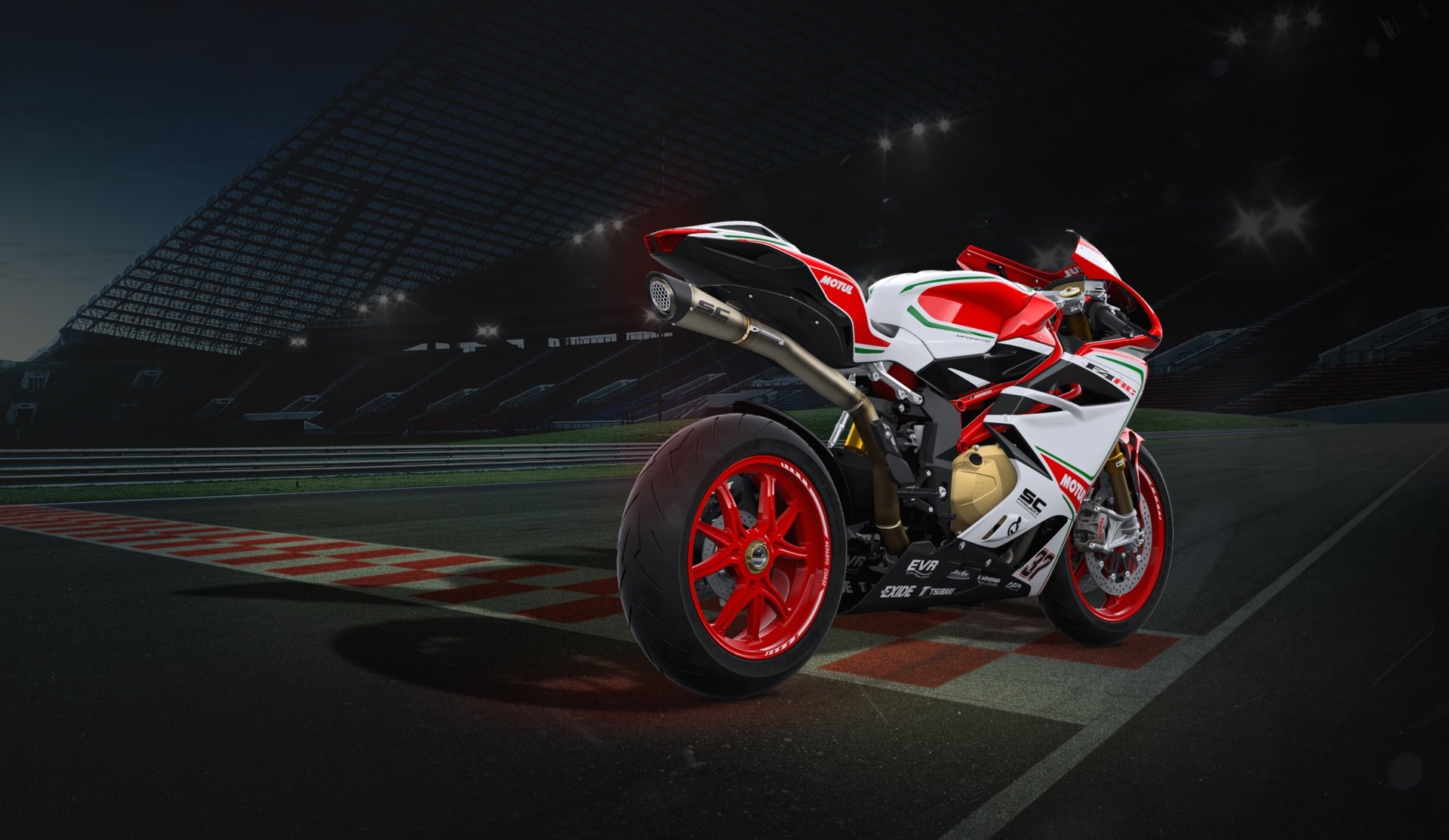 A sleek MV Agusta F4 motorcycle on a racetrack at night, showcased in 4K Ultra HD as a vibrant PC desktop wallpaper and background.