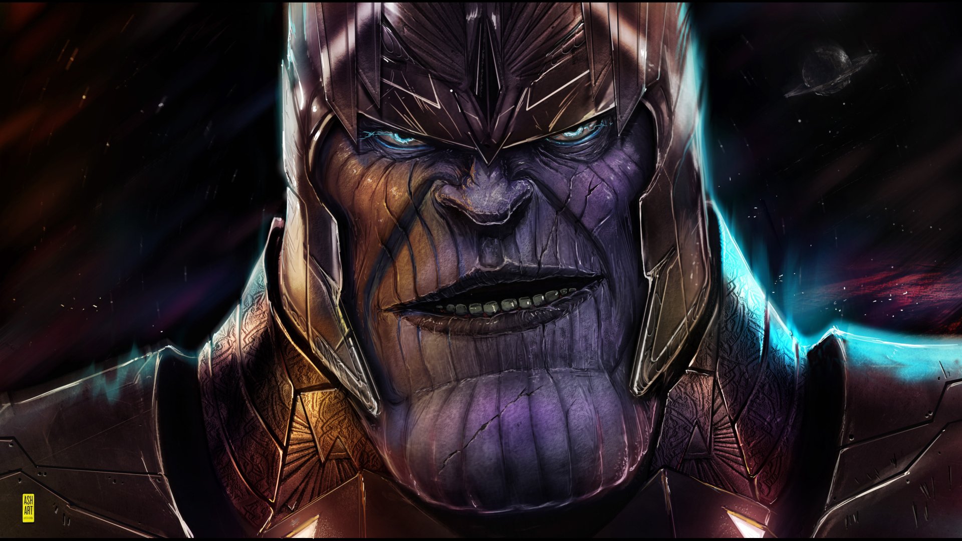 HD comic-style PC desktop wallpaper featuring a close-up of Thanos with glowing blue eyes and detailed armor in a dark, cosmic setting.