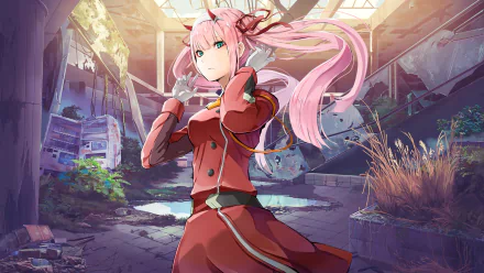 HD wallpaper featuring Zero Two from Darling in the FranXX anime, standing in a dilapidated building with sunlight streaming through.