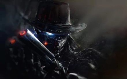 HD desktop wallpaper featuring a futuristic cowboy fantasy warrior, clad in a dark outfit and hat, holding a glowing gun.