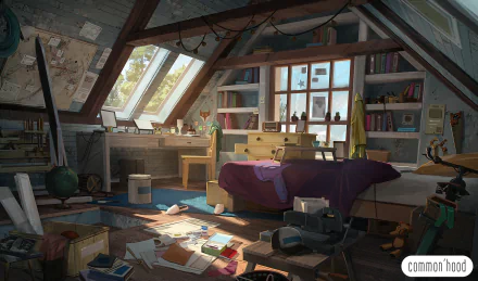 Anime-style illustration of an attic room featuring a cozy bed, a desk by the window, and bookshelves, creating an atmospheric lo-fi themed HD wallpaper.