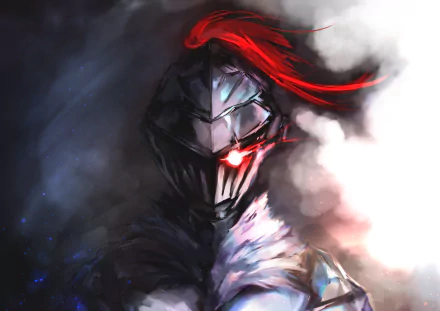 HD PC desktop wallpaper of Goblin Slayer anime character wearing a helmet with a red plume, surrounded by dark smoke and shadows.