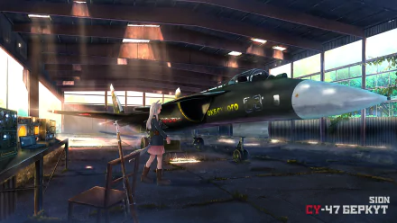 A blonde anime character with long hair and blue eyes stands near a military aircraft inside a sunlit hangar, featuring a visible tail and detailed surroundings.