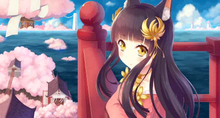 HD PC desktop wallpaper featuring Nagato from Azur Lane, depicted in vibrant anime style with cherry blossoms and a serene ocean background.