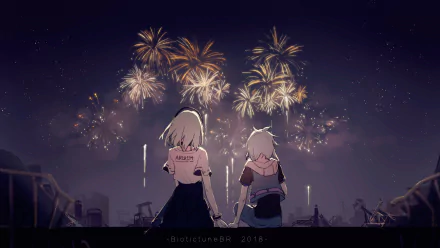 Anime couple with short blonde hair, one in a hoodie, watching fireworks at night; HD wallpaper.