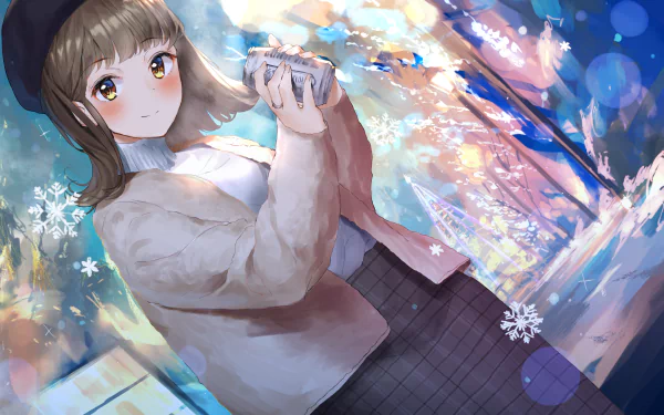 Anime-style HD desktop wallpaper featuring a short-haired girl with brown hair, yellow eyes, wearing a hat and cozy winter clothes, smiling while holding a can amid snowflakes.