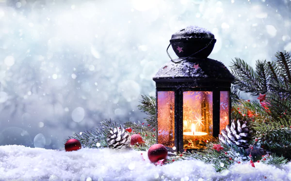 An 8K Ultra HD holiday wallpaper featuring a glowing lantern surrounded by snow-covered pine cones and festive Christmas decorations.