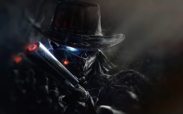 HD desktop wallpaper featuring a futuristic cowboy fantasy warrior, clad in a dark outfit and hat, holding a glowing gun.