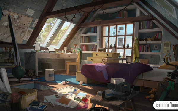 Anime-style illustration of an attic room featuring a cozy bed, a desk by the window, and bookshelves, creating an atmospheric lo-fi themed HD wallpaper.