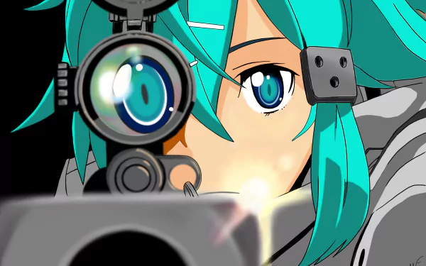 HD PC desktop wallpaper featuring Shino Asada from the anime Sword Art Online II aiming through a sniper rifle scope with vibrant blue hair and focused expression.