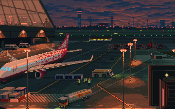 Pixel art HD wallpaper of an airport at dusk showcasing an aircraft on the tarmac with service vehicles and a terminal building. The background features control towers and city lights under a darkening sky.