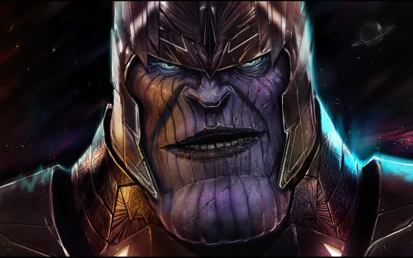 HD comic-style PC desktop wallpaper featuring a close-up of Thanos with glowing blue eyes and detailed armor in a dark, cosmic setting.