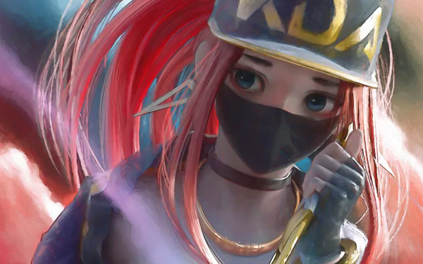 4K Ultra HD PC desktop wallpaper featuring Akali from League of Legends' K/DA, showcasing her vibrant red hair and signature mask in a dynamic close-up.