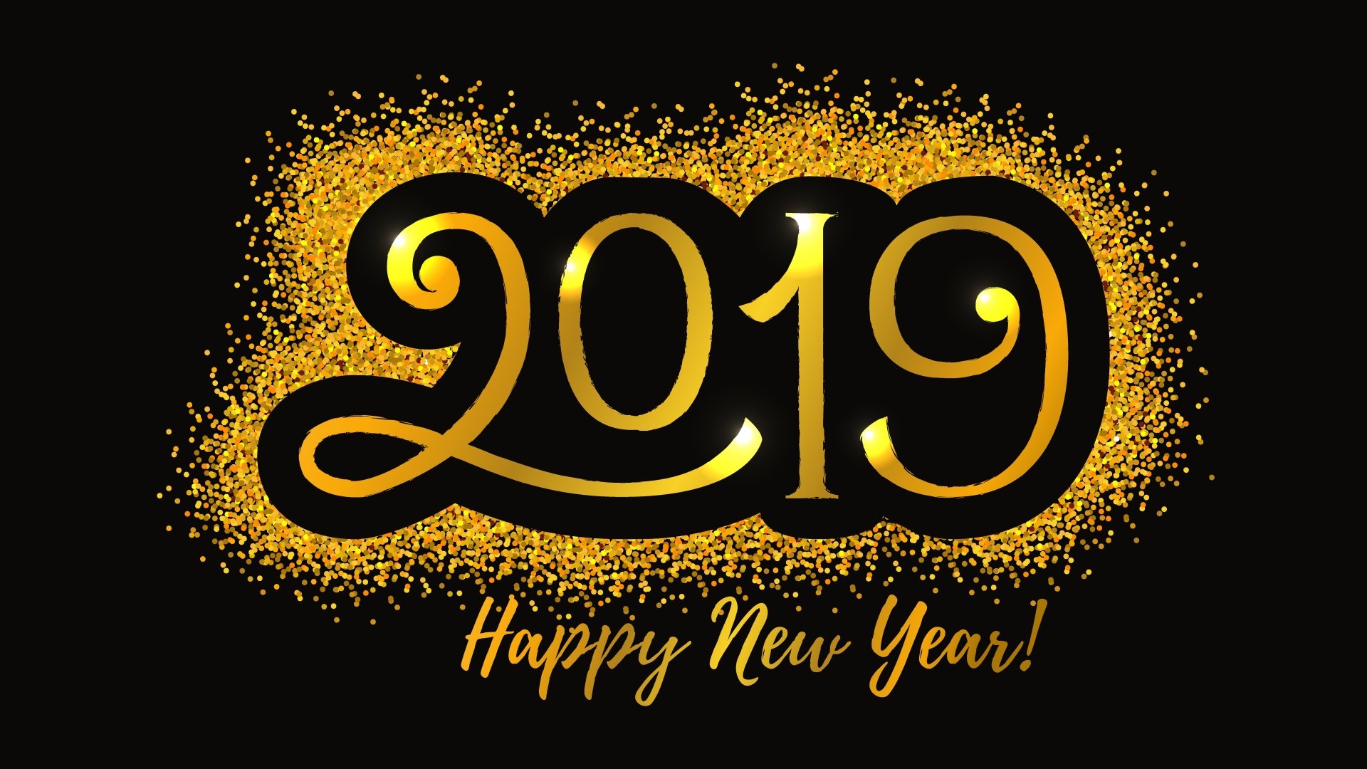 Gold glitter 2019 with Happy New Year! script on a black background, festive holiday motif — 8K Ultra HD PC desktop wallpaper and background.