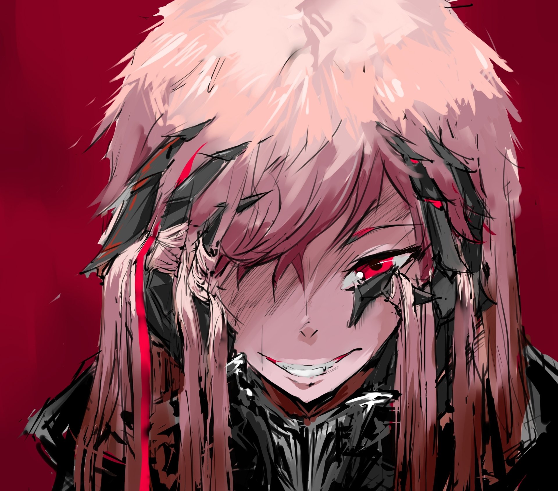 M4 SOPMOD II (Girls' Frontline) close-up: red-eyed, blood-streaked grin with mechanical hair pieces and dark accents — stylized anime 2K Quad HD PC desktop wallpaper.