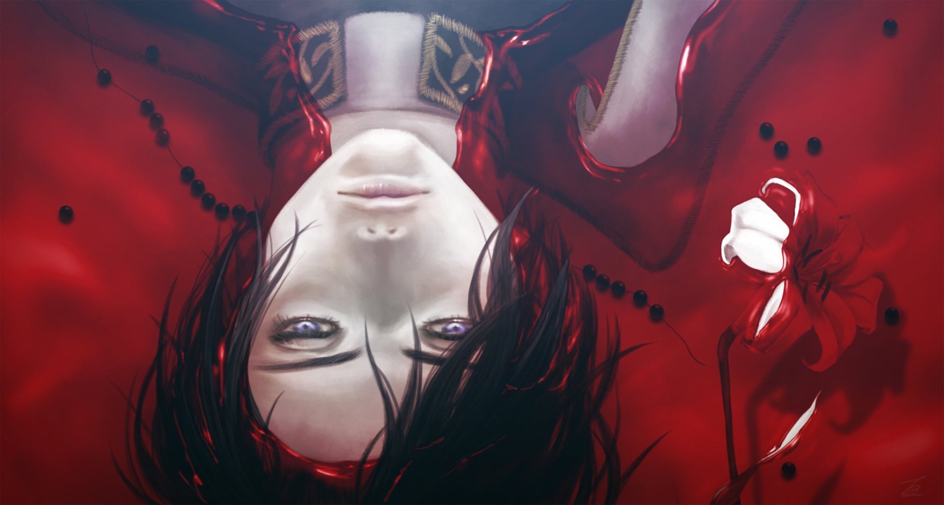 HD anime desktop wallpaper featuring a short-haired character with striking blue eyes and black hair, adorned with delicate flowers against a vivid red background.