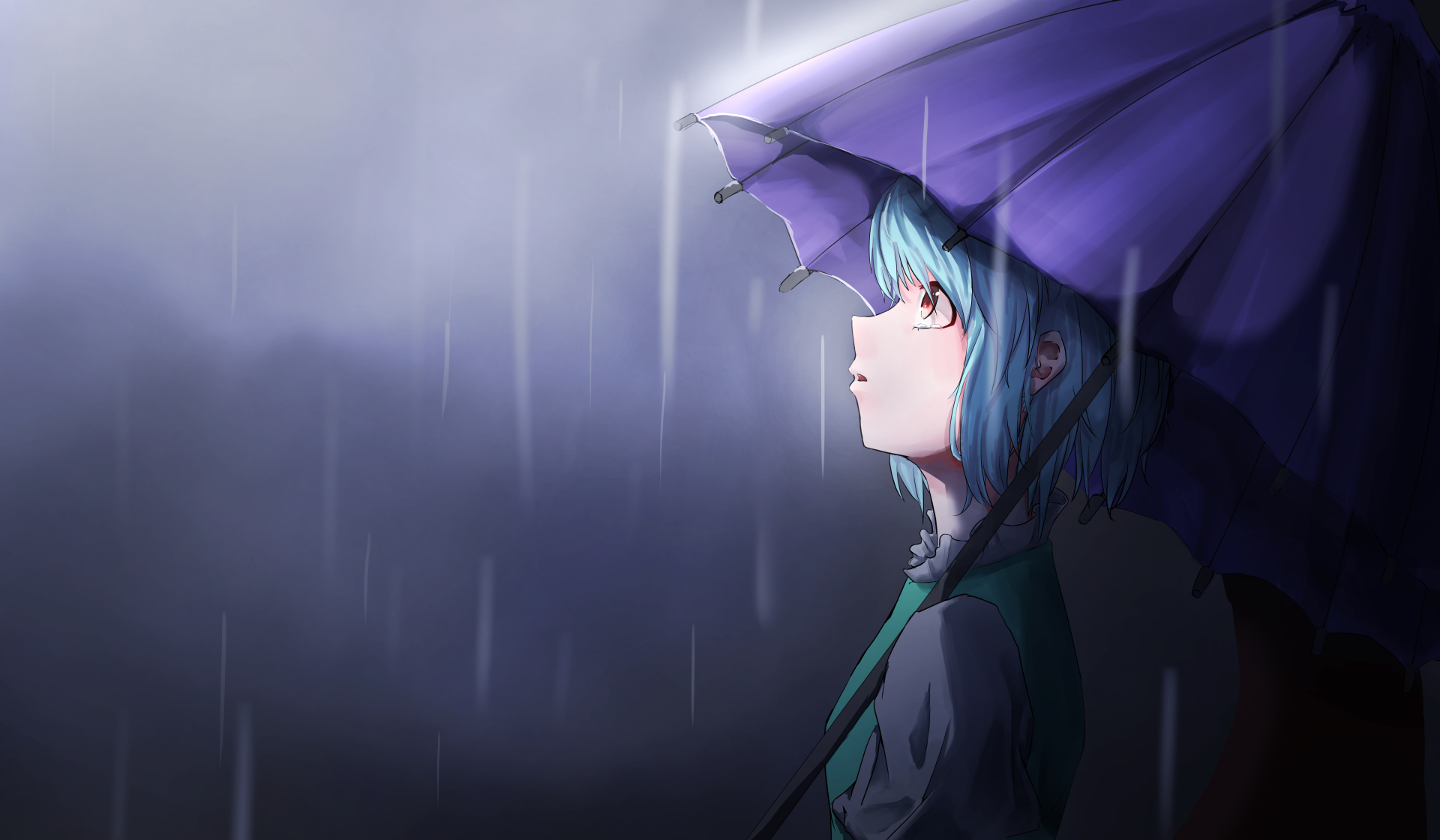 Kogasa Tatara (Touhou) anime 5K Ultra HD PC desktop wallpaper: blue-haired girl under a purple umbrella in the rain, gazing upward.
