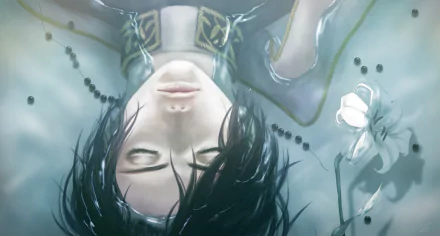 Anime-style HD desktop wallpaper featuring a short black-haired character lying down with closed eyes, surrounded by soft flowers and ethereal light.
