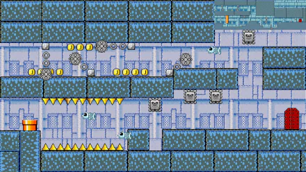 2K Quad HD PC desktop wallpaper: Super Mario Bros. video game pixel-art icy castle level with blue brick platforms, coins, spikes, Thwomps and pipes in a side-scrolling layout.