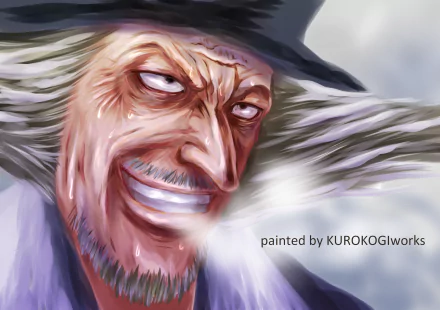 HD PC desktop wallpaper featuring a detailed anime-style close-up of Hiriluk from One Piece, showcasing expressive eyes and a wide grin.