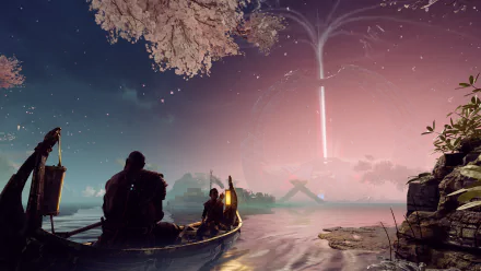 Atreus and Kratos from God of War (2018) are depicted in a serene boating scene under a vibrant, otherworldly sky in this HD desktop wallpaper.