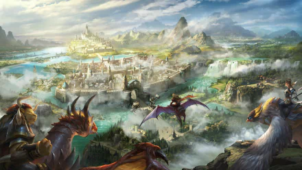 Epic 4K Ultra HD scene from the video game Era of Legends, featuring a vast cityscape, majestic landscape, and fierce warrior creatures soaring above.