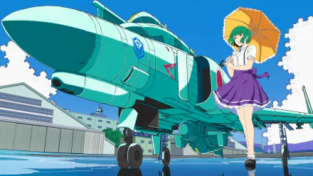 Phantom from Girly Air Force anime stands by a teal fighter jet under a bright blue sky, green‑haired girl holding a yellow parasol. 2K Quad HD PC desktop wallpaper/background.