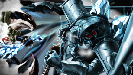 HD anime desktop wallpaper featuring Cocytus from Overlord in dynamic battle, showcasing detailed armor and glowing red eyes with intense action and energy effects.