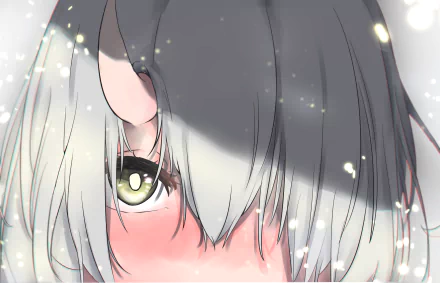 Close-up of an original anime character with half-covered dark and white hair, blushing with bright green eyes, designed as an HD PC desktop wallpaper.