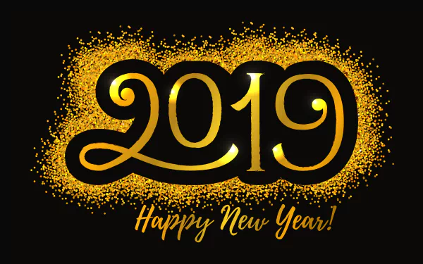 Gold glitter 2019 with Happy New Year! script on a black background, festive holiday motif — 8K Ultra HD PC desktop wallpaper and background.