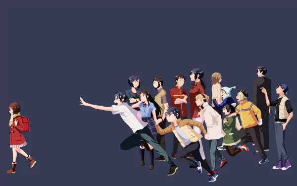 4K Ultra HD PC desktop wallpaper featuring characters from the anime Erased, with a dark blue background and dynamic group movement toward a solitary figure.