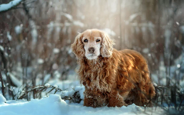 A spaniel dog standing in a snowy winter forest, captured in HD quality as a PC desktop wallpaper and background.