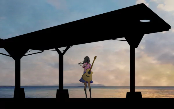 A 4K Ultra HD PC wallpaper featuring Tsubasa Hanekawa from the Monogatari series standing under a silhouetted structure by the ocean at sunset.