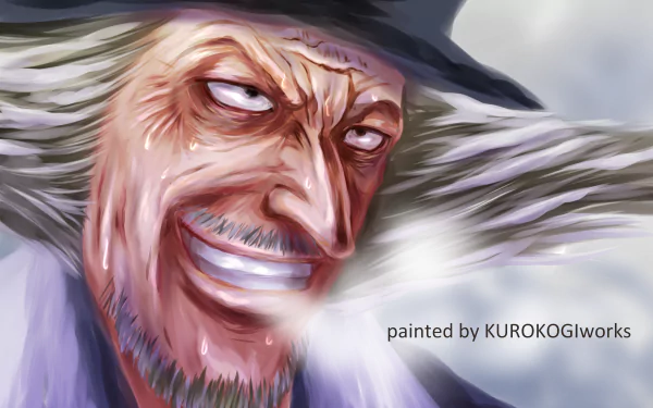 HD PC desktop wallpaper featuring a detailed anime-style close-up of Hiriluk from One Piece, showcasing expressive eyes and a wide grin.