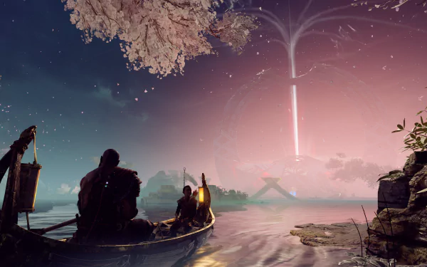 Atreus and Kratos from God of War (2018) are depicted in a serene boating scene under a vibrant, otherworldly sky in this HD desktop wallpaper.