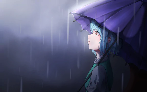 Kogasa Tatara (Touhou) anime 5K Ultra HD PC desktop wallpaper: blue-haired girl under a purple umbrella in the rain, gazing upward.