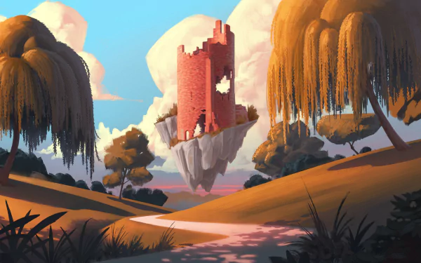 HD wallpaper depicting a floating castle ruin amidst weeping willows in a serene, sunset landscape.