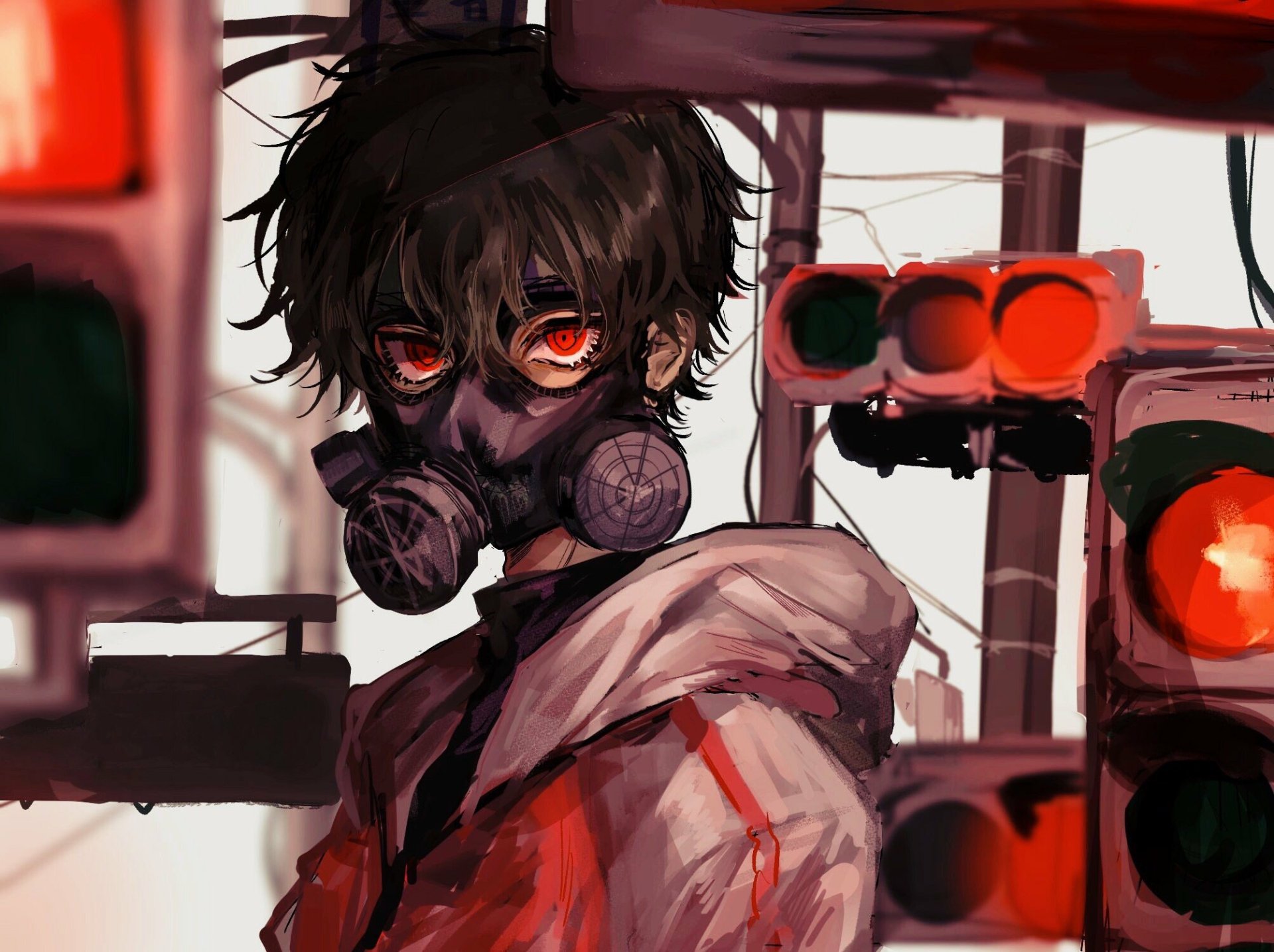 HD anime desktop wallpaper featuring a dark-haired boy with red eyes wearing a gas mask, set against a background of blurred traffic lights.