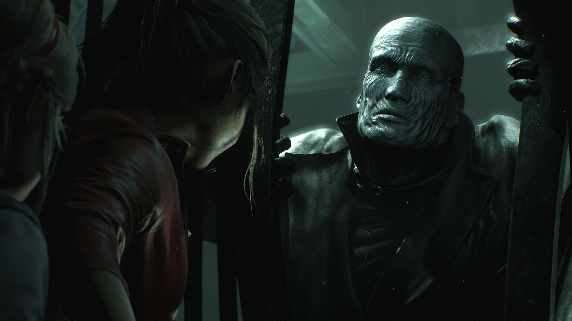 HD PC desktop wallpaper featuring Claire Redfield from the video game Resident Evil 2 (2019) in a tense encounter with a menacing character.