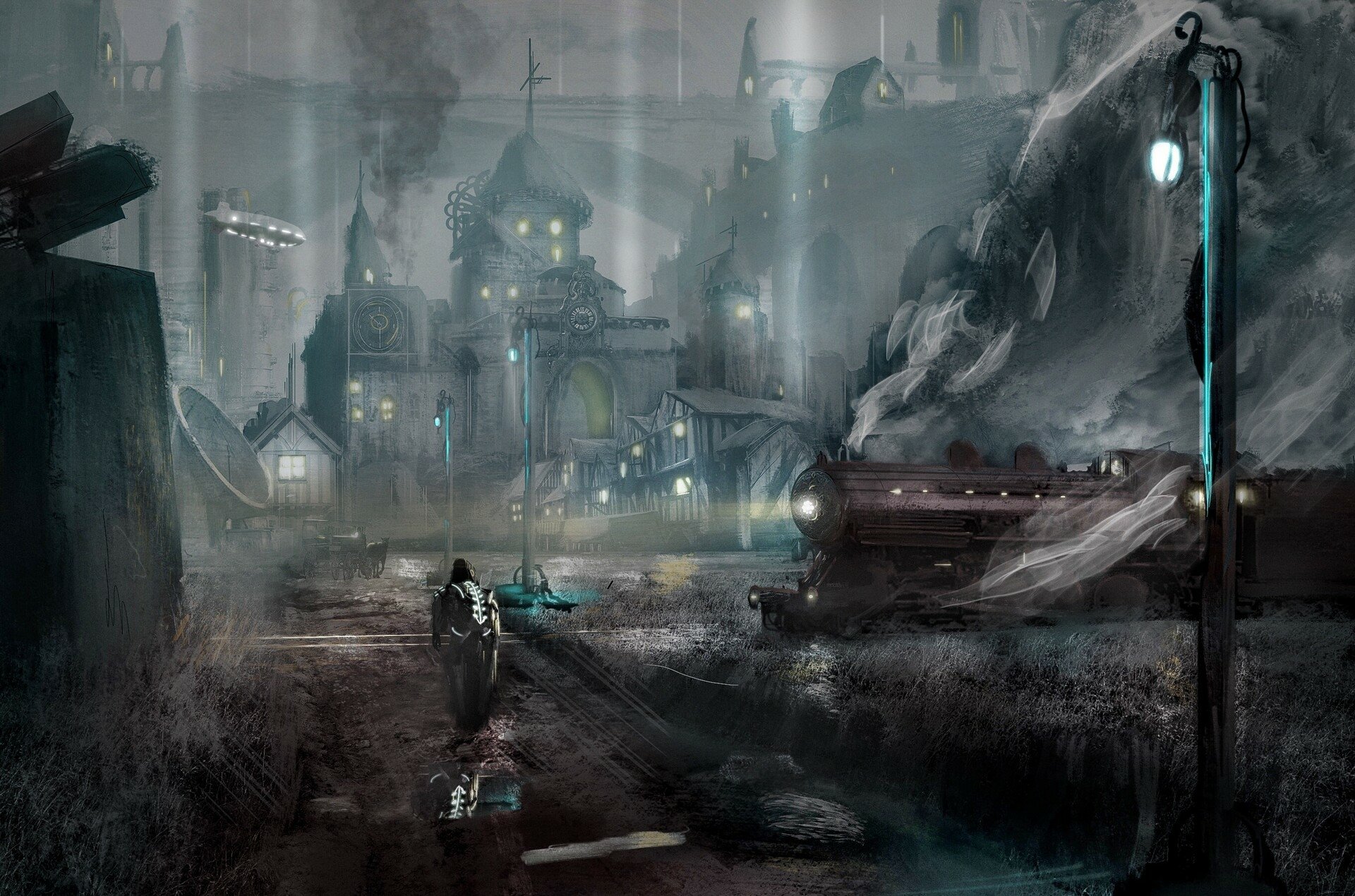 HD steampunk fantasy city wallpaper featuring a train and an airplane, with a mysterious person walking along a foggy path. The cityscape is illuminated by ethereal lights.
